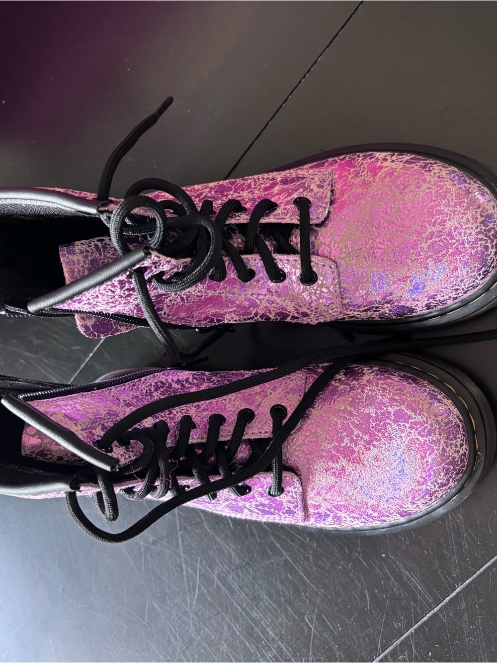 Dr. Martens Kids Iridescent Purple Crackle Lace-Up Boots